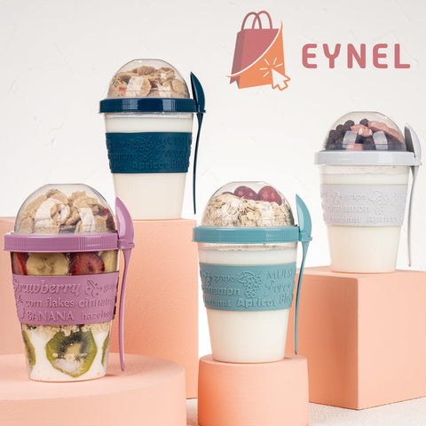 EYNEL dishwasher-safe and freezer-safe cups simplify prep and storage.