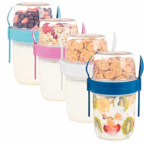 EYNEL four-pack breakfast cups with lids and spoons for on-the-go meals.