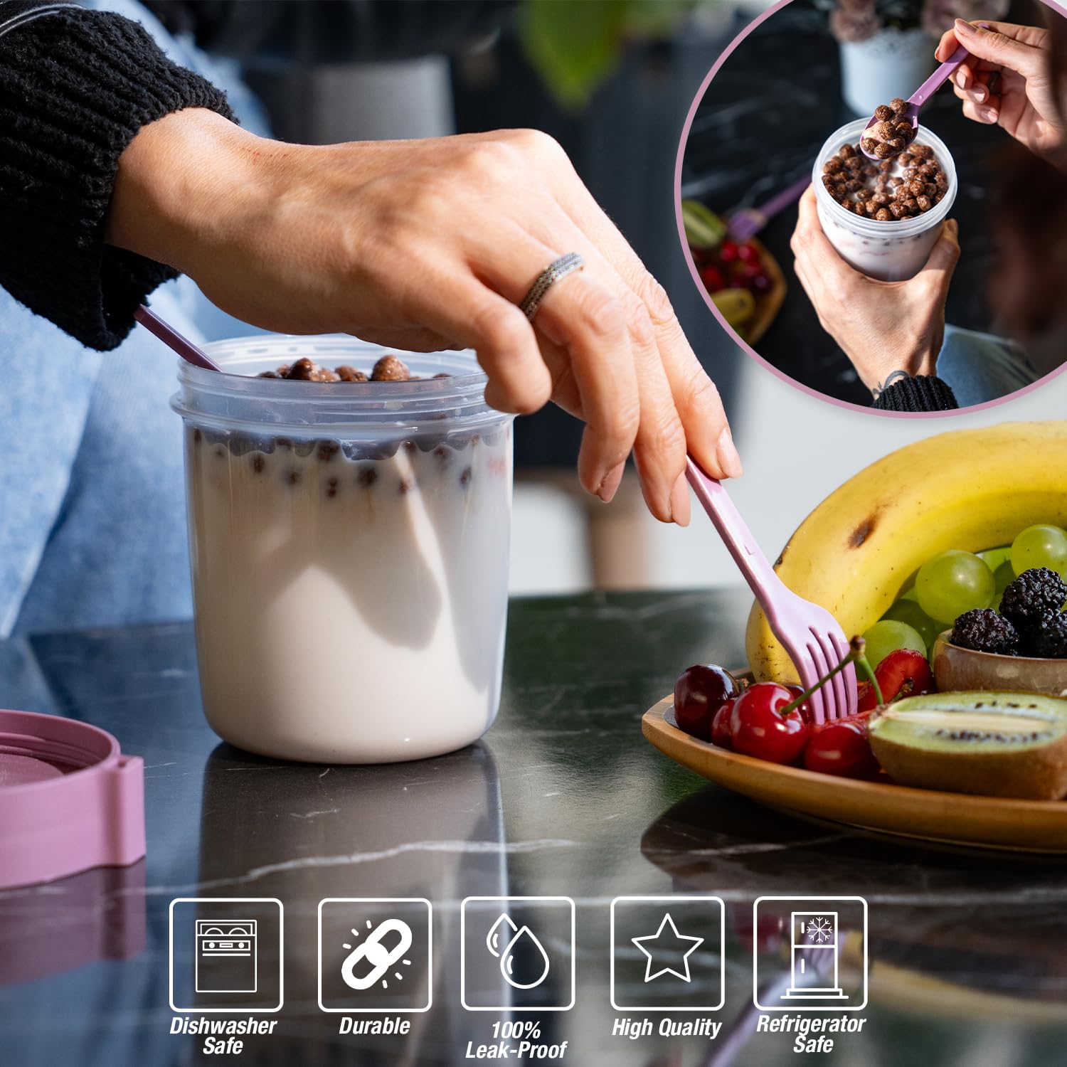 EYNEL leak-proof, dishwasher-safe breakfast cups for busy mornings.