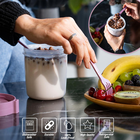 EYNEL leak-proof, dishwasher-safe breakfast cups for busy mornings.
