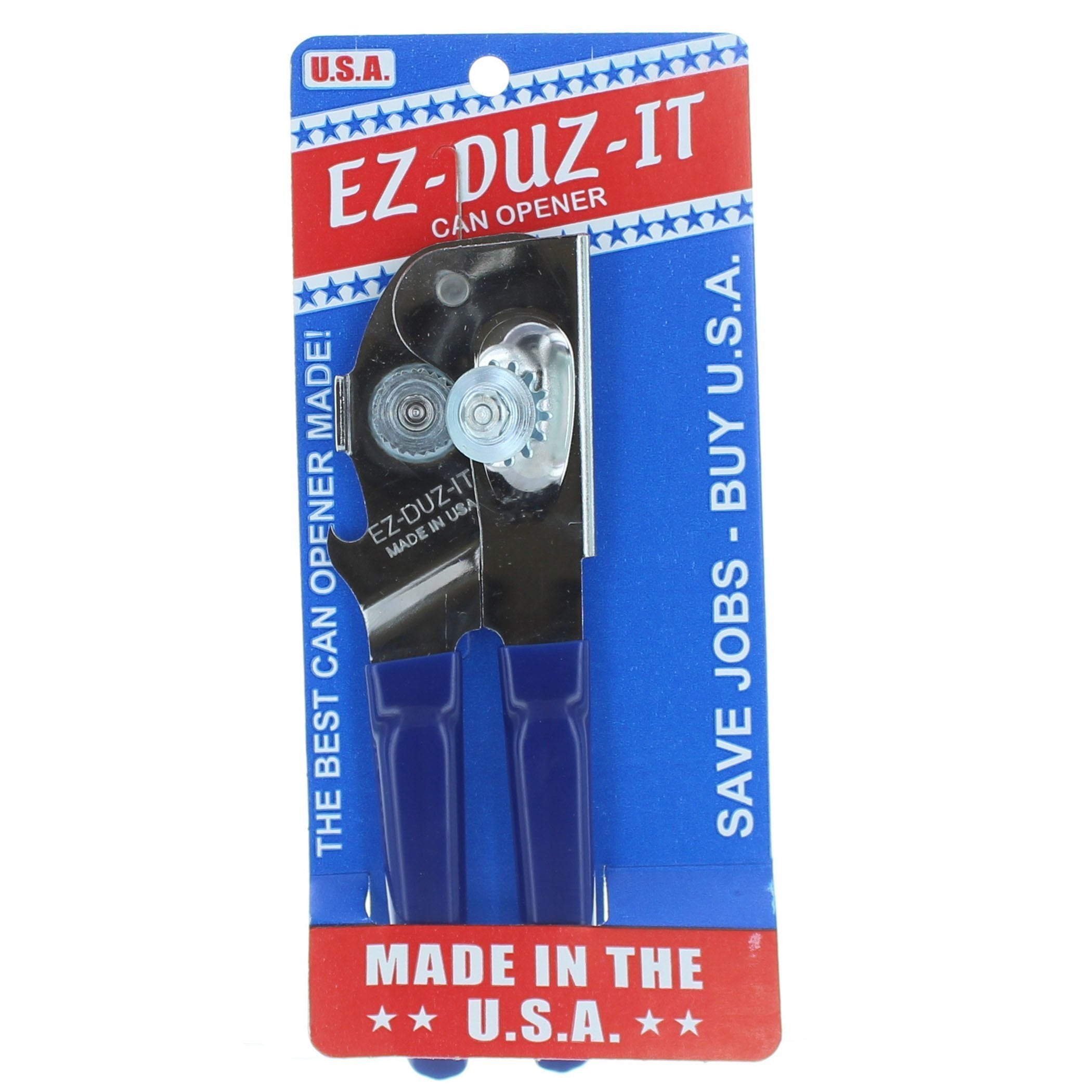 EZ-DUZ-IT blue can opener with sturdy grip and gear-driven blade for smooth openings.