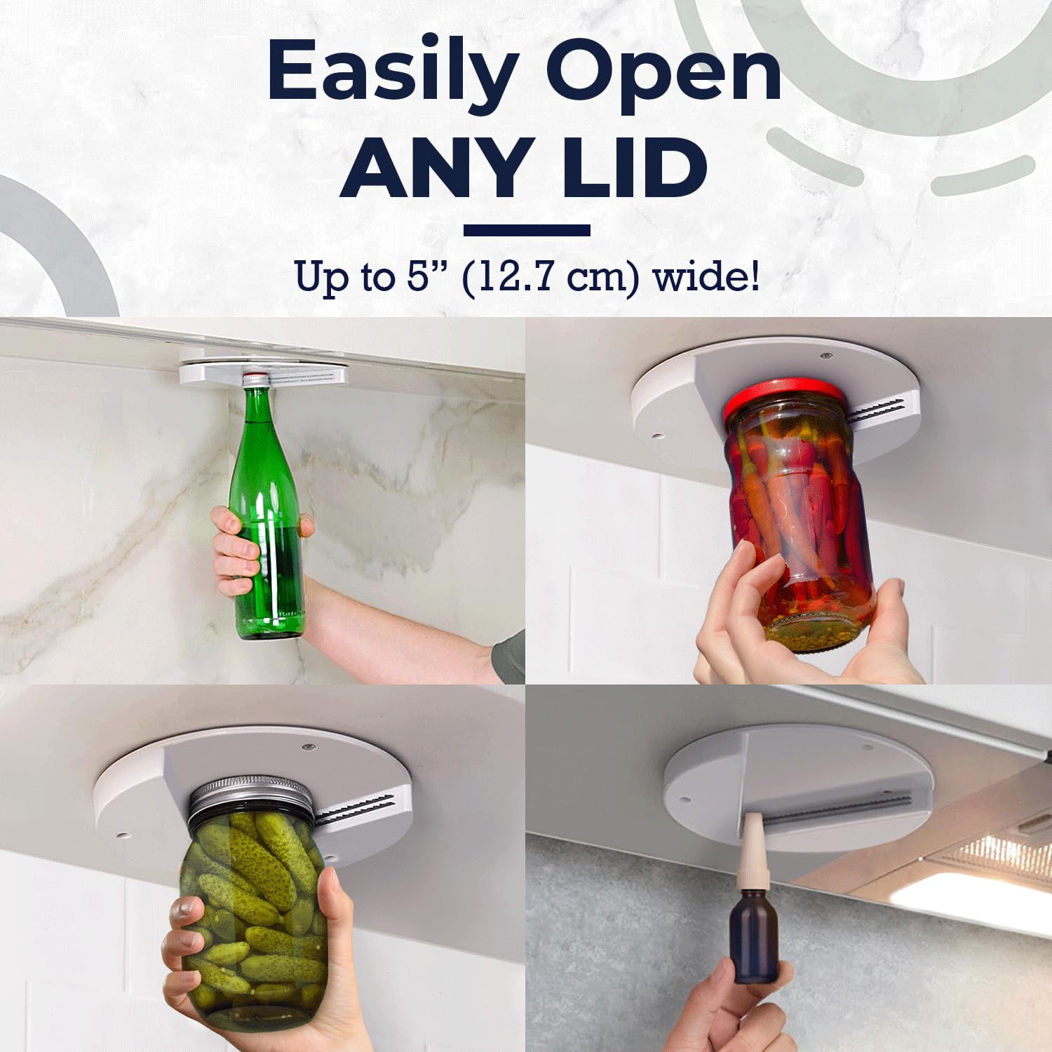 EZ Off jar opener in hand showing secure non-slip grip on a lid.