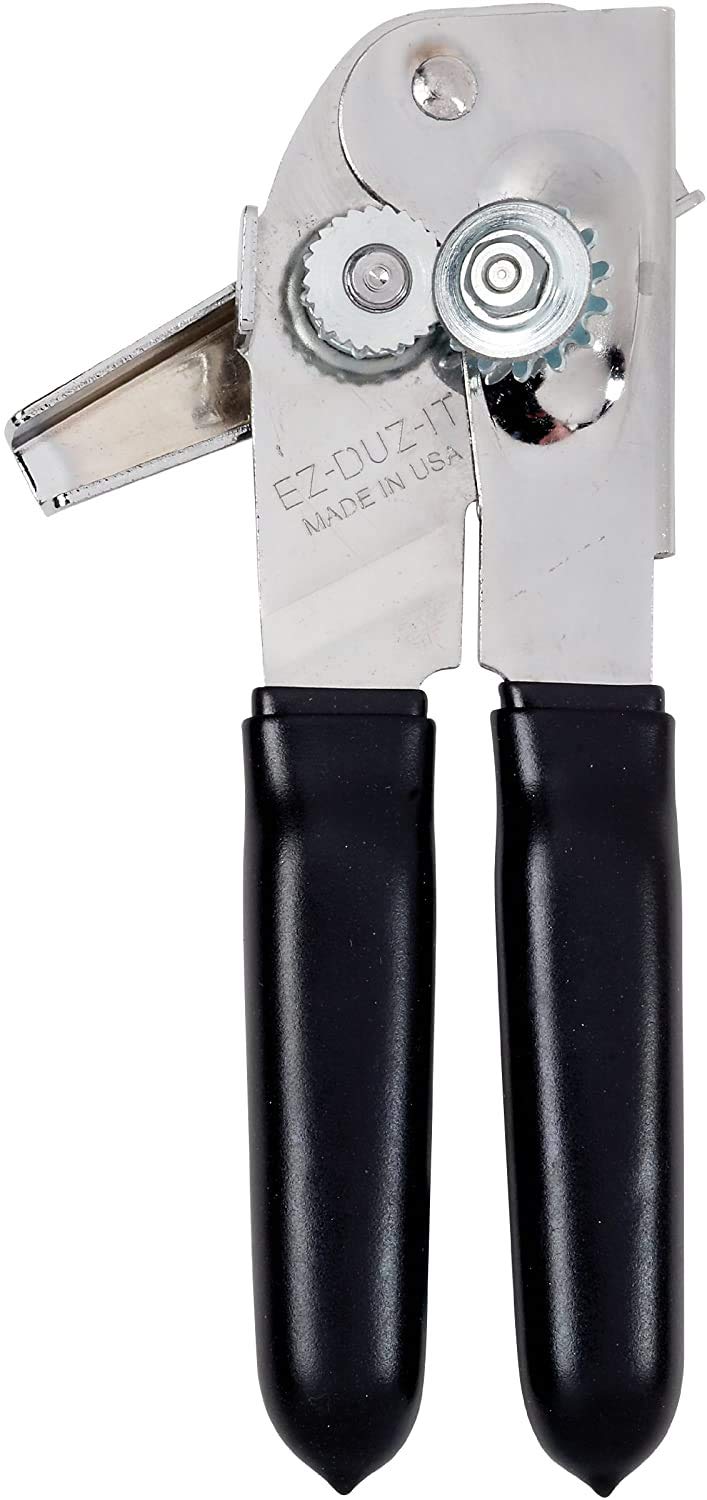 EZ PICK UP EZ-DUZ-IT deluxe can opener with black grips side view shows ergonomic handling