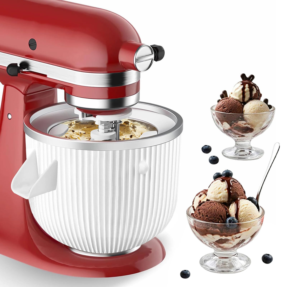 Ezato ice cream maker attachment front view compatible with KitchenAid for quick, creamy results.