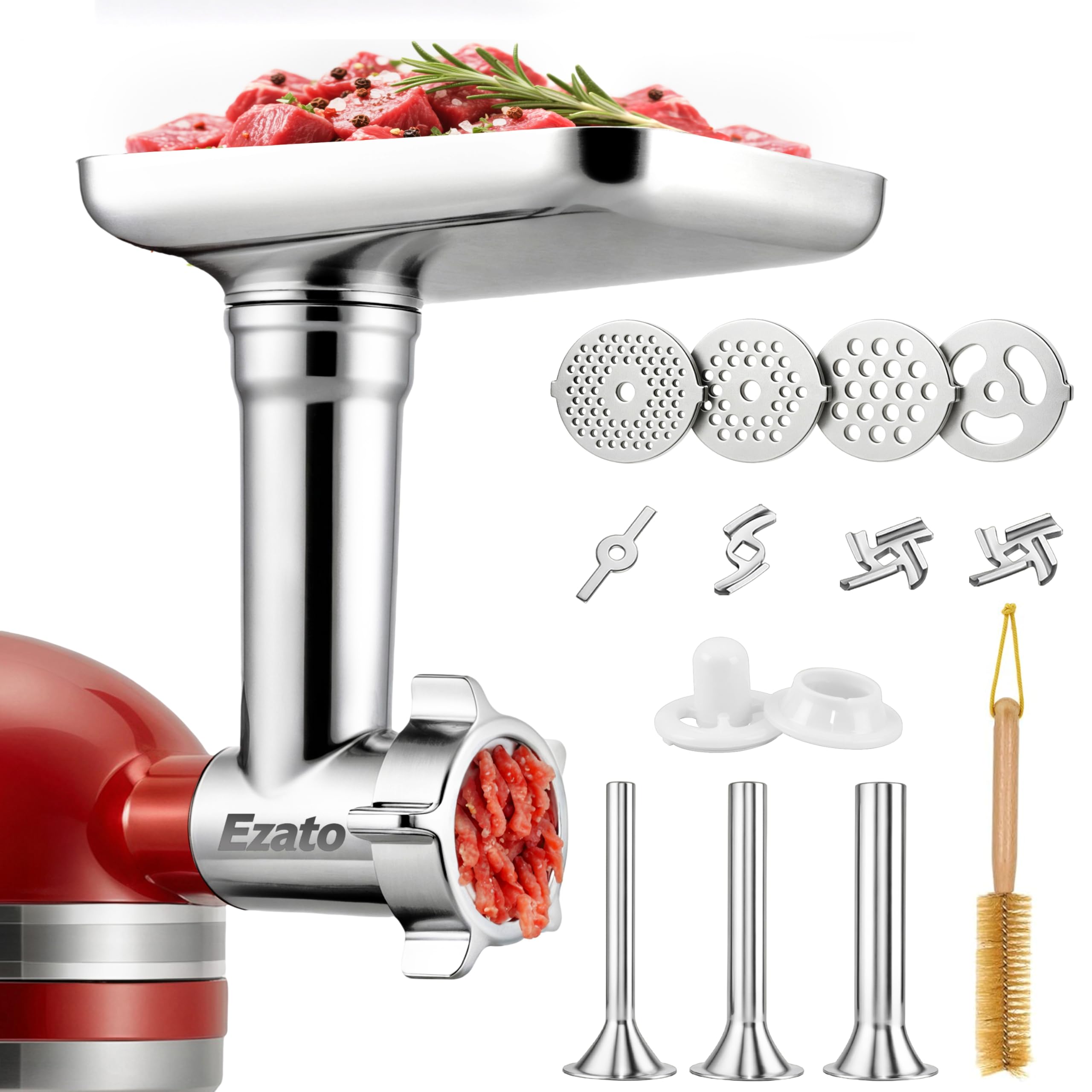 Ezato meat grinder attachment on KitchenAid hub for smooth, efficient grinding.