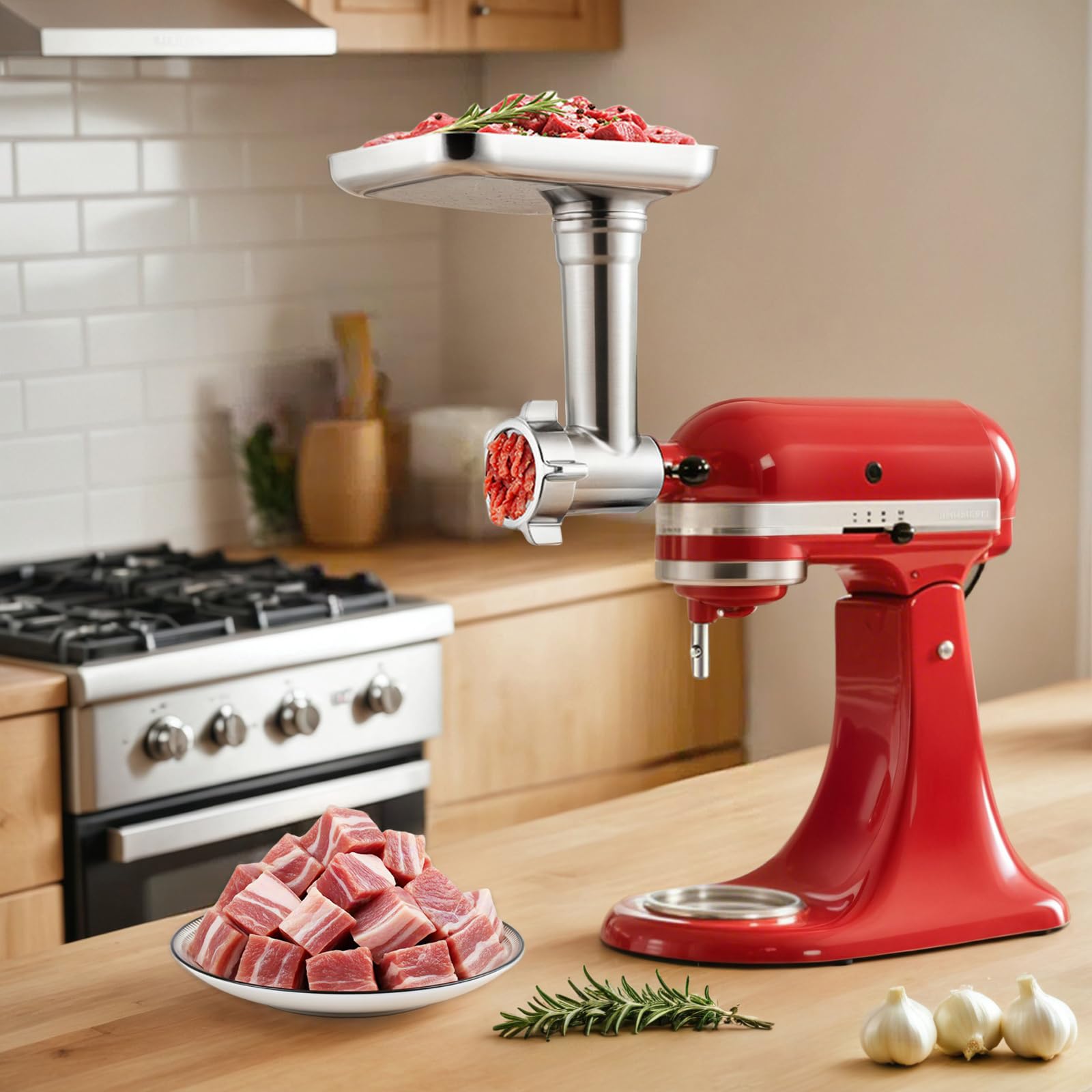 Ezato versatile attachment grinds meats, fruits, vegetables, and cheeses.
