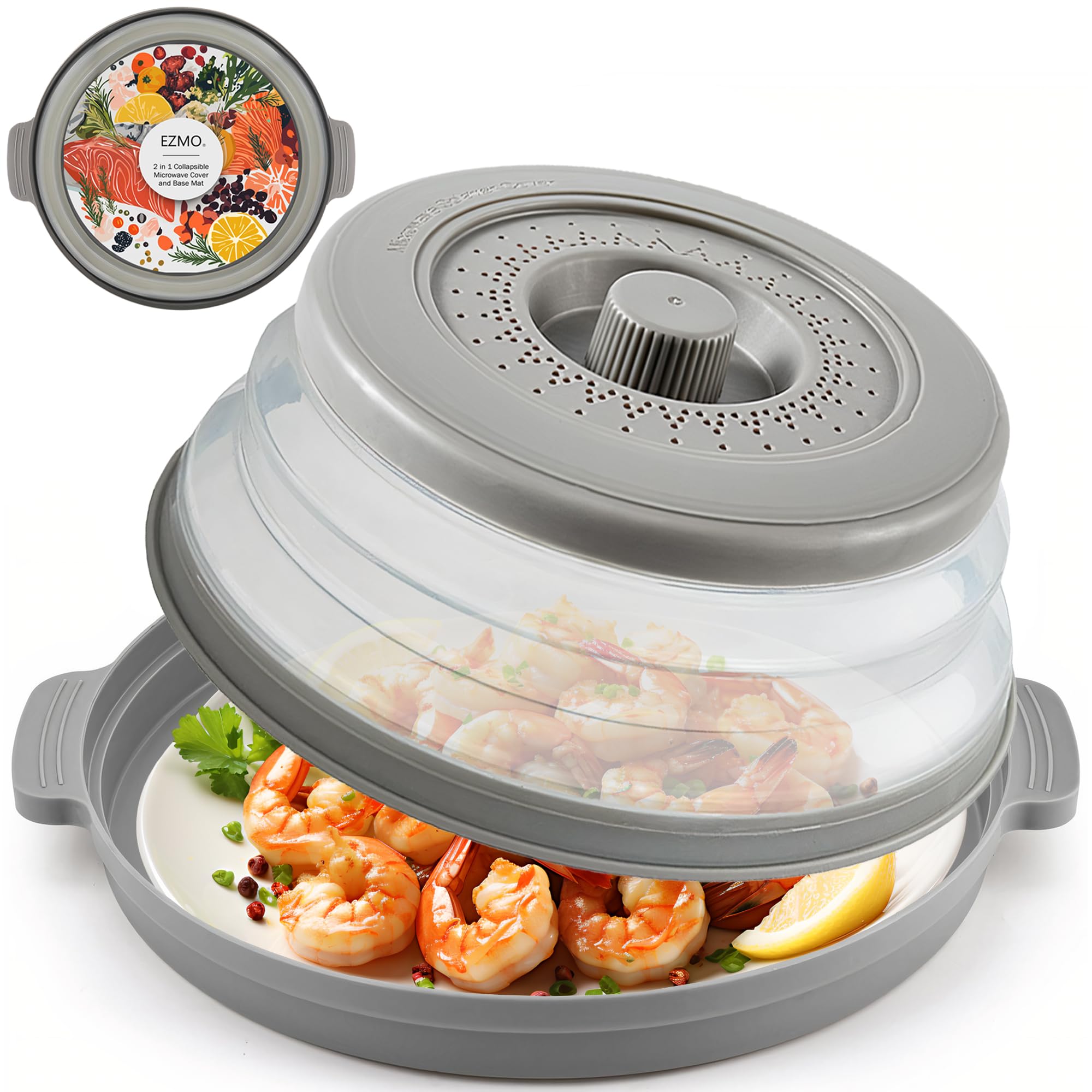 EZMO 2-in-1 collapsible microwave cover on a plate reduces splatter during heating.