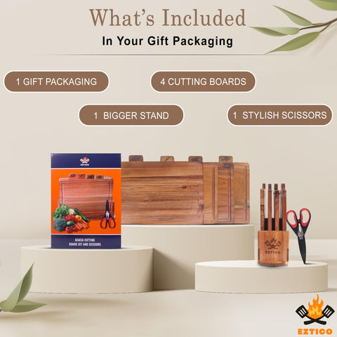 EZTICO acacia cutting board with scissors ideal for quick slicing.