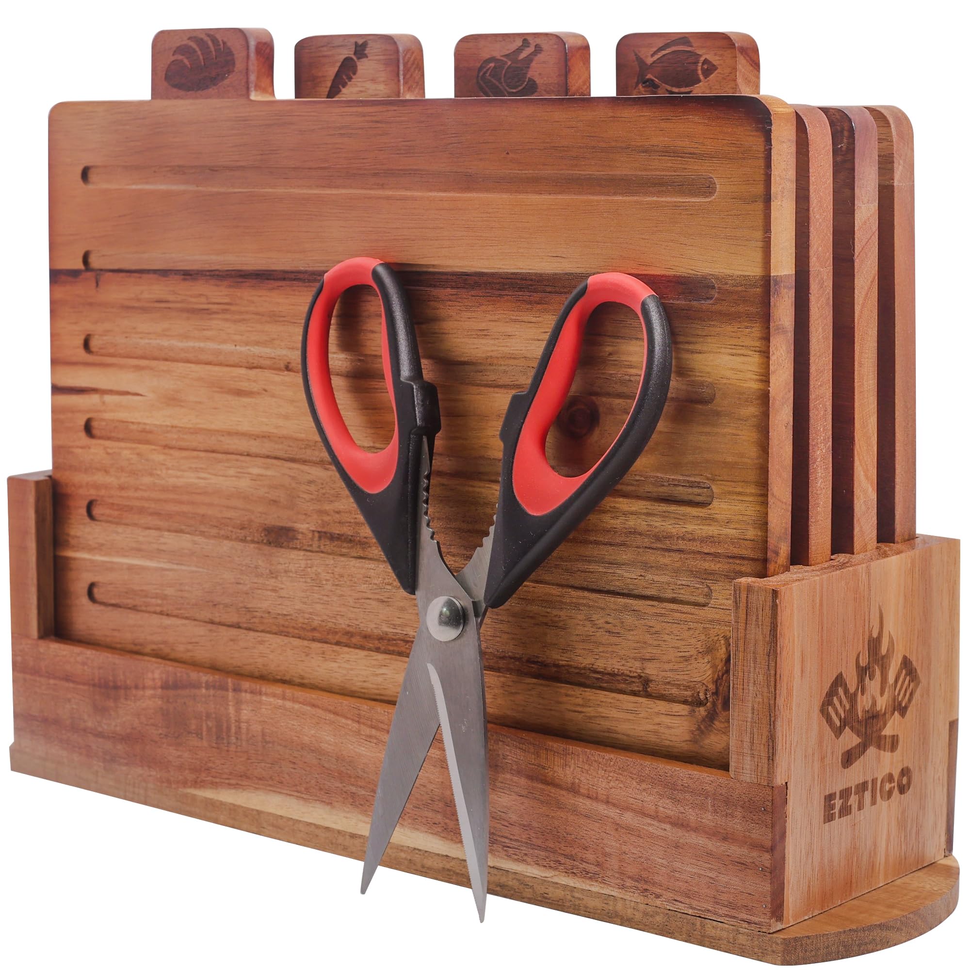 EZTICO acacia cutting board with stand for neat prep and serving.
