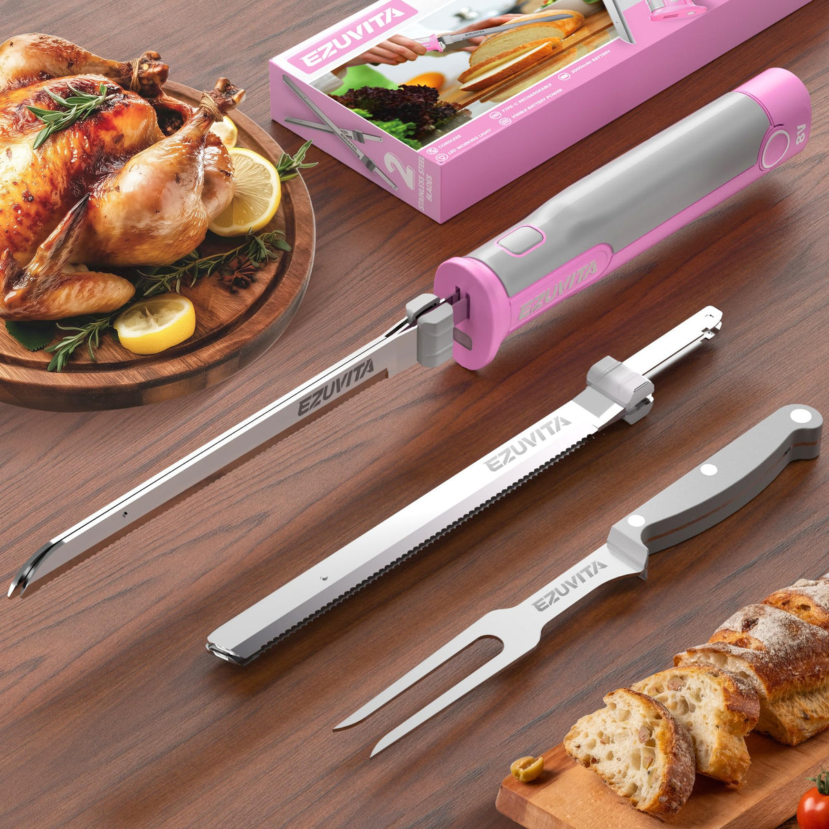 EZUVITA 8V cordless knife with battery pack carving a turkey smoothly