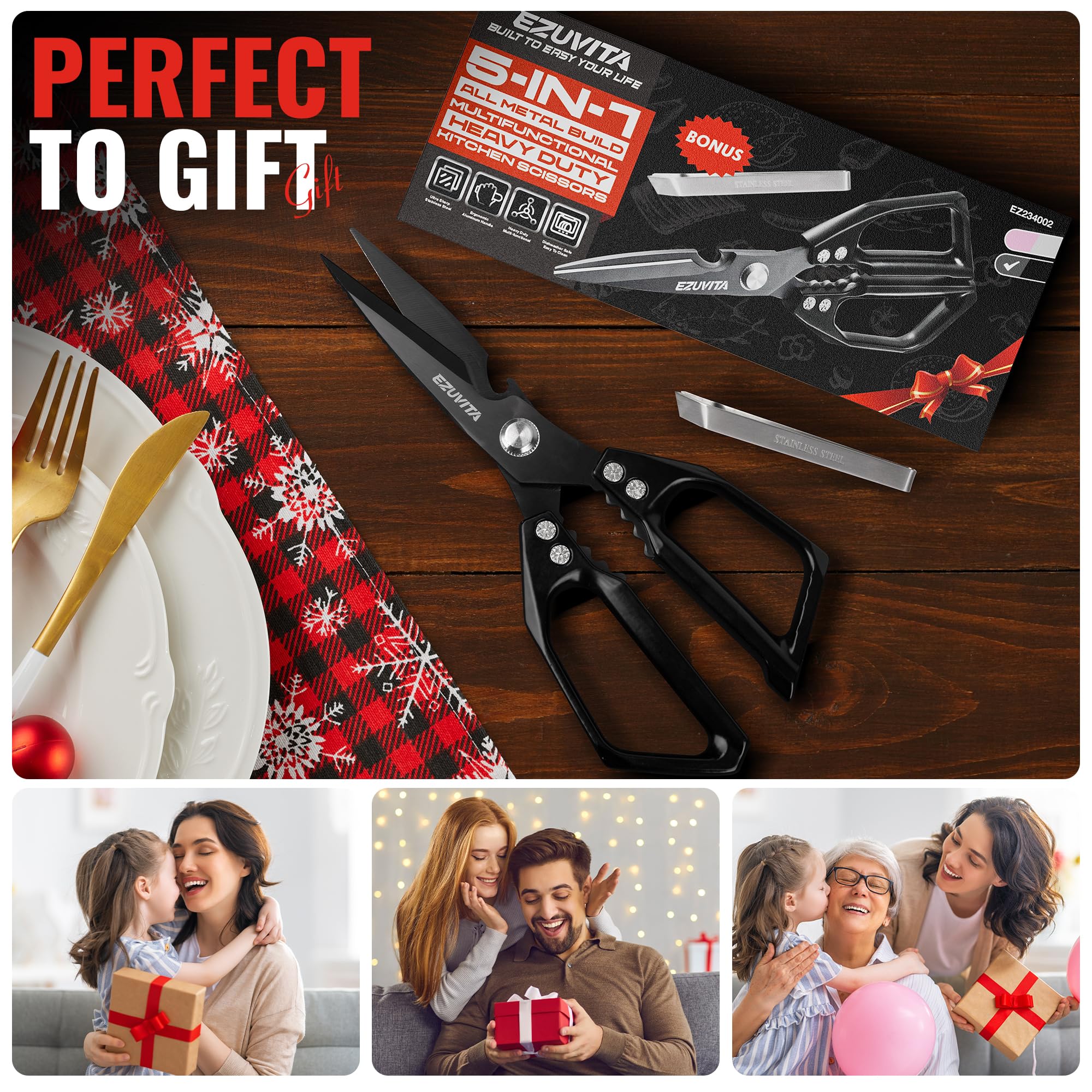 EZUVITA scissors with bottle opener and nutcracker for versatile kitchen tasks