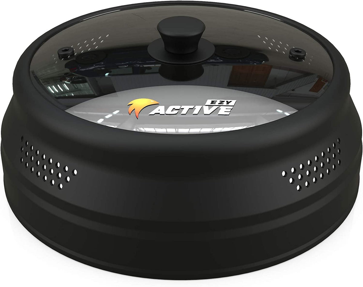 EZY ACTIVE collapsible glass-silicone microwave cover on plate keeps splatter contained.
