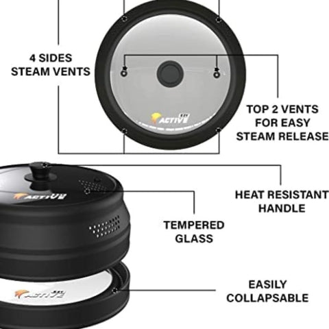 EZY ACTIVE see-through tempered glass lid resists heat for safe reuse.