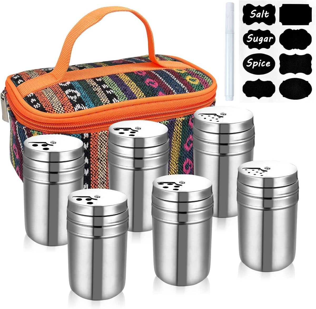 EZYoutdoor six-piece stainless steel spice shaker set for outdoor meal prep