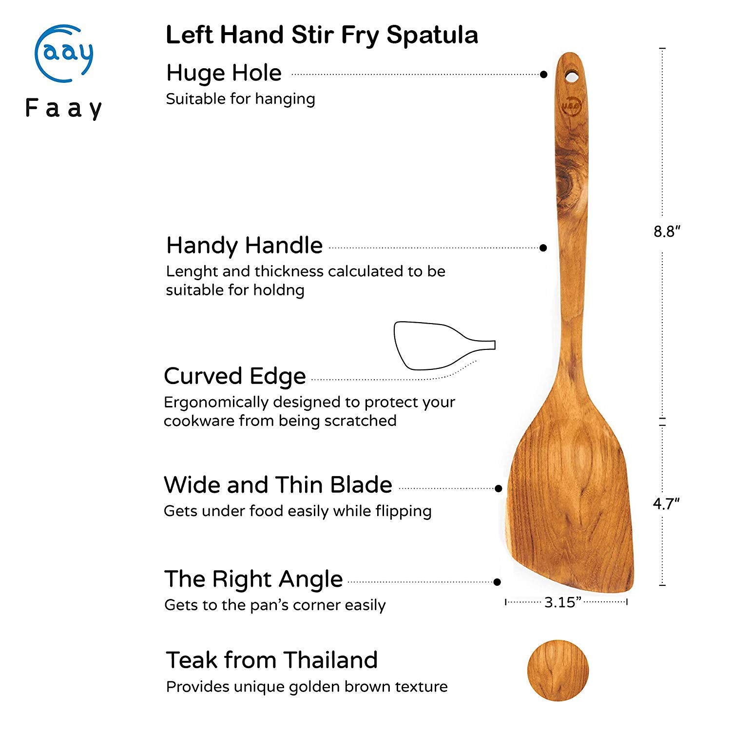 FAAY slim-edge spatula slides under food for gentle lifting.