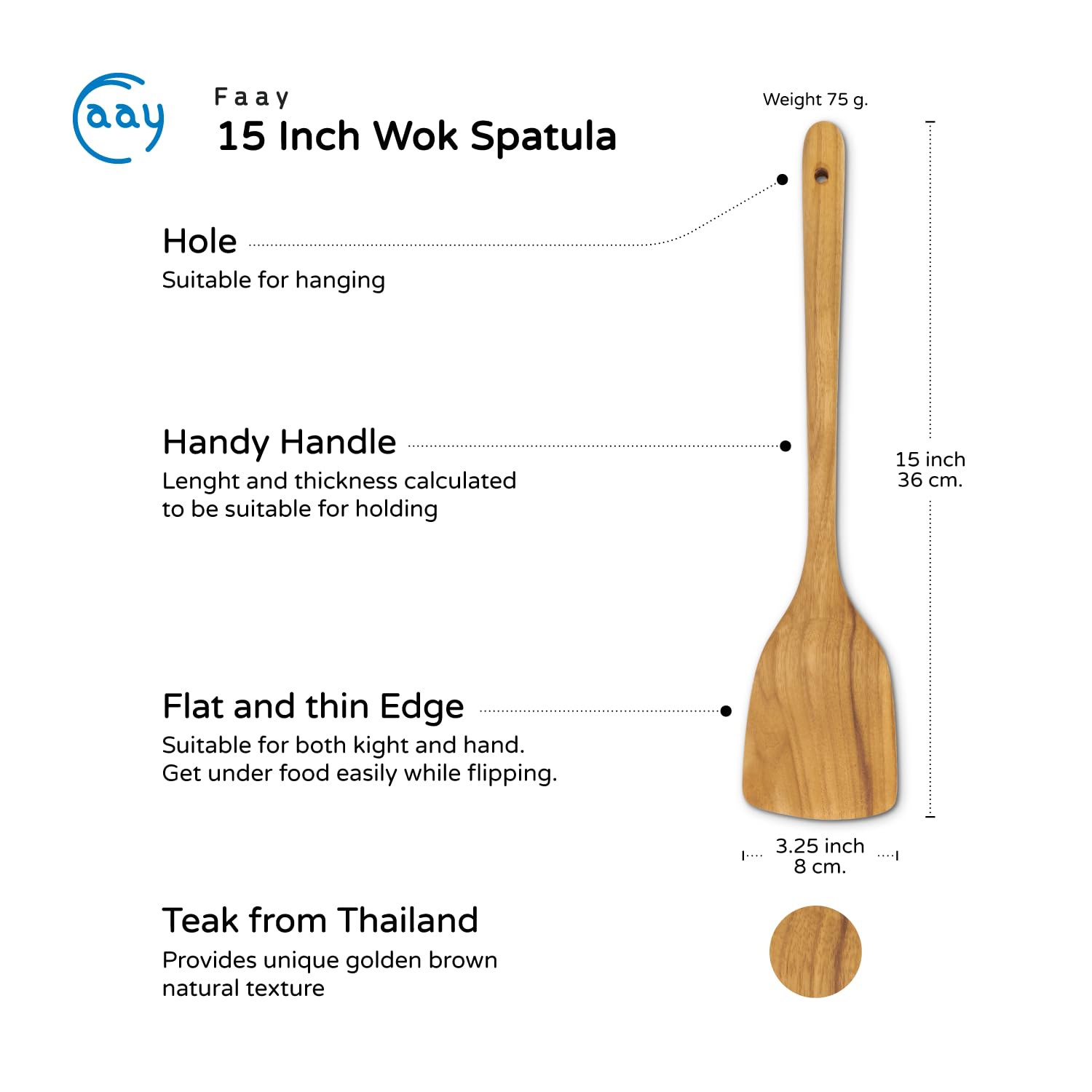 FAAY teak spatula with ergonomic curved edges protecting nonstick cookware.