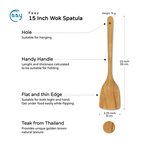 FAAY teak spatula with ergonomic curved edges protecting nonstick cookware.