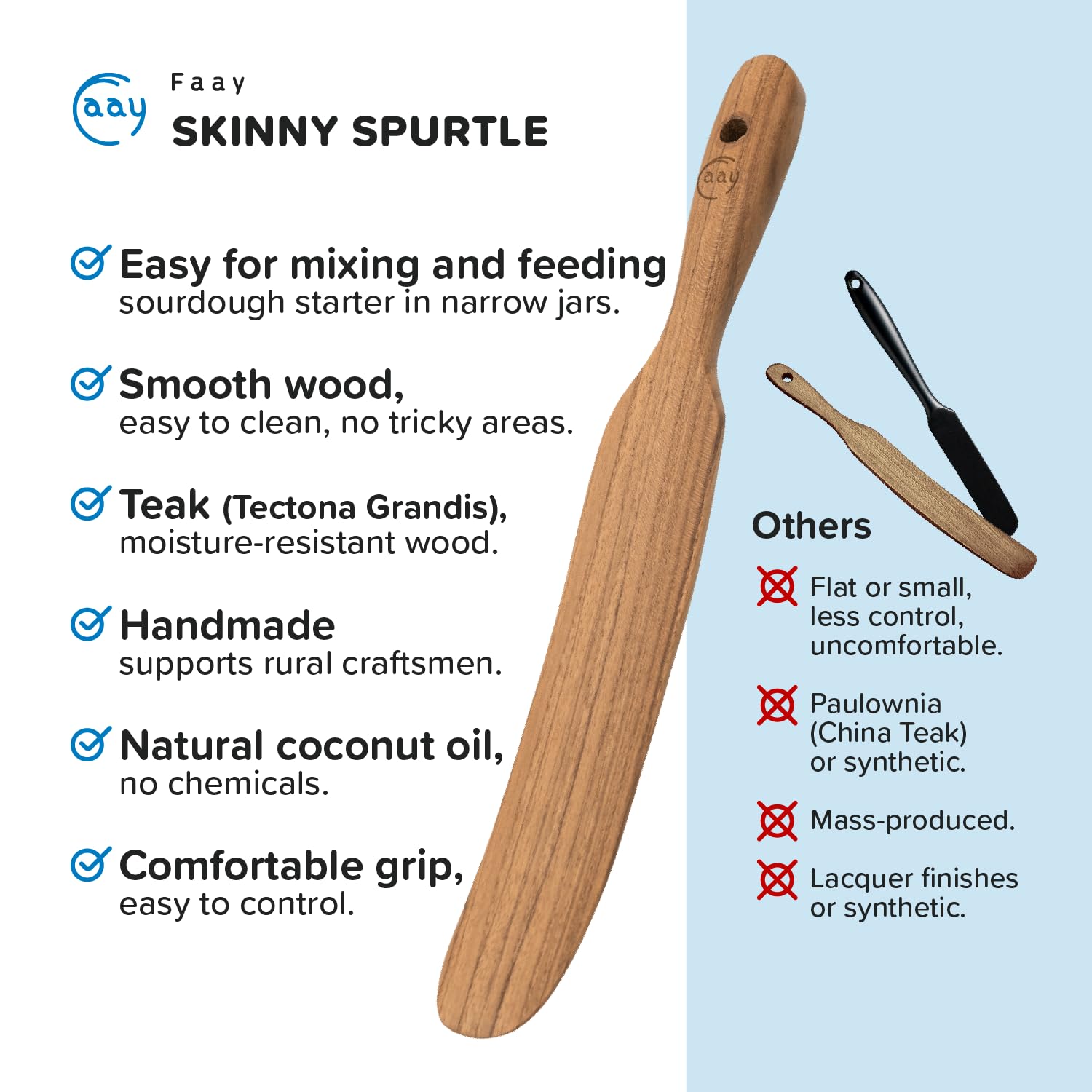 FAAY teak spurtle as jar scraper—sturdy daily helper.