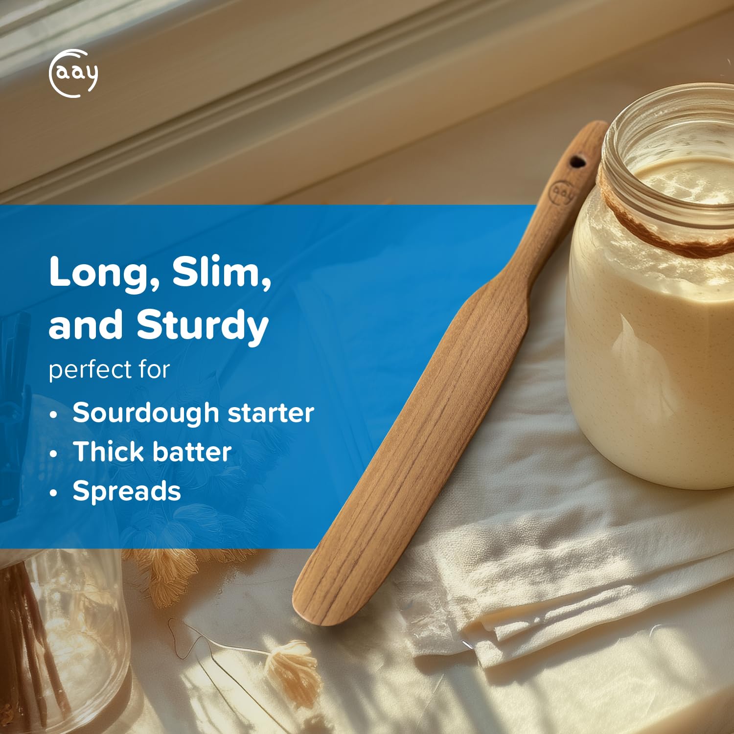 FAAY teak spurtle—nonstick-safe utensil for cookware.