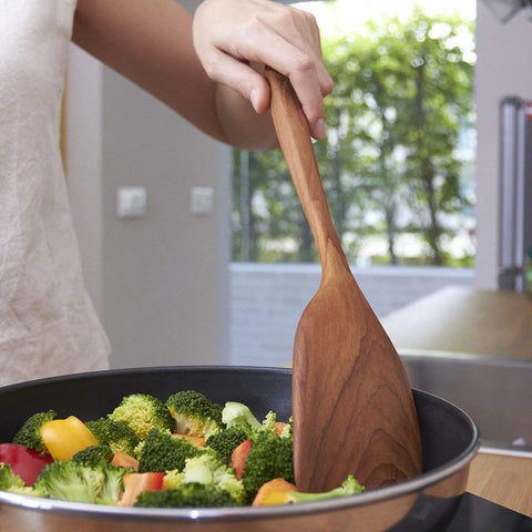 FAAY teak wood spatula with coconut oil finish for nonstick pans.
