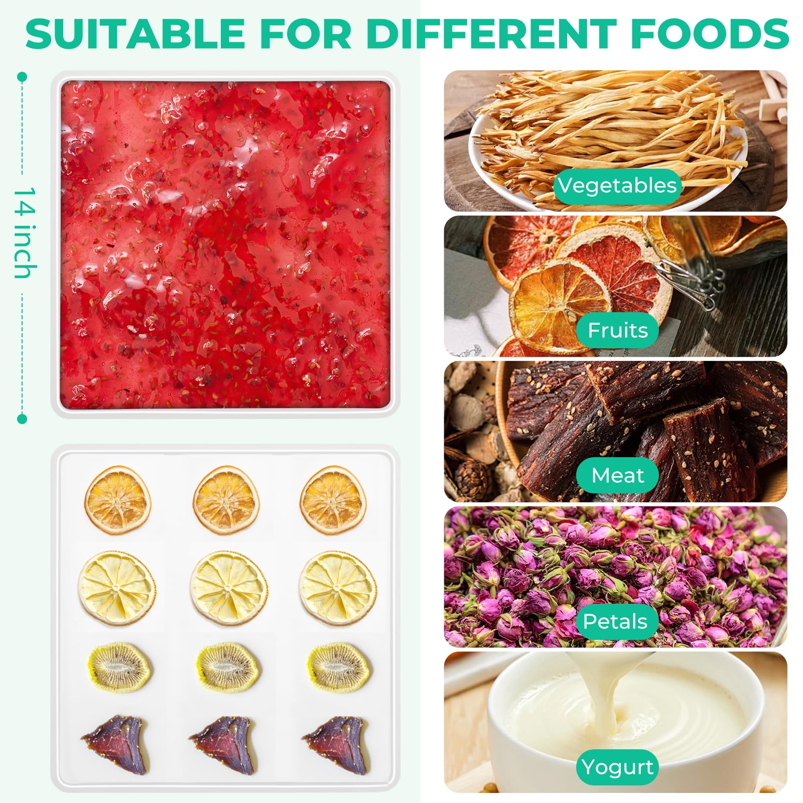 FAAYUCK multi-use dehydrator mats suit fruits, vegetables, meats, and snacks.