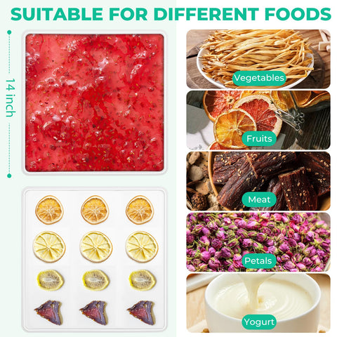 FAAYUCK multi-use dehydrator mats suit fruits, vegetables, meats, and snacks.