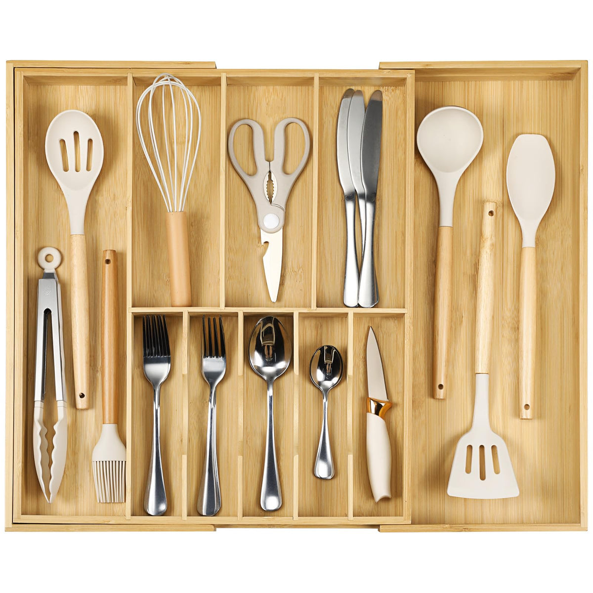 Fabsome silverware organizer in collapsed mode keeps drawers tidy and accessible.