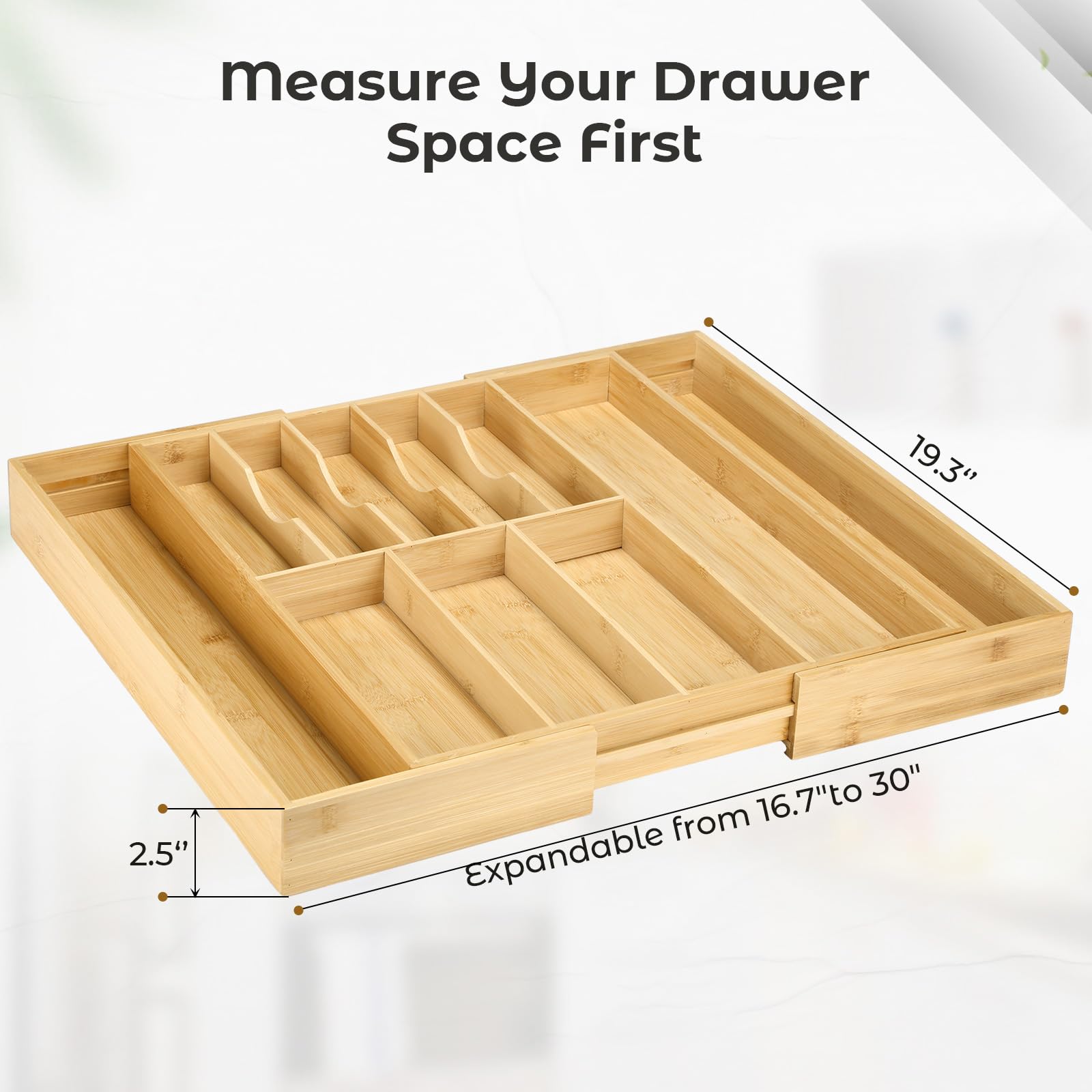 Fabsome expanded-width organizer fits large drawers for a customized kitchen setup.