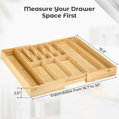 Fabsome expanded-width organizer fits large drawers for a customized kitchen setup.