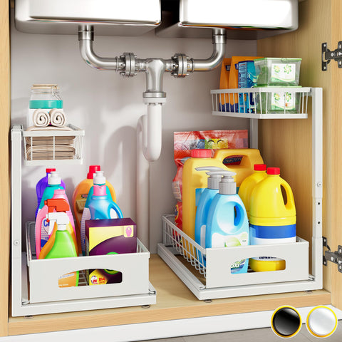 Fabutier under-sink organizer 2-pack keeps pipes out of the way for clutter-free cabinets.