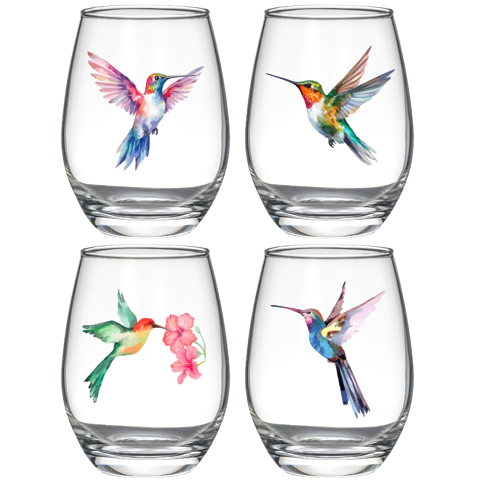 FACOYANS hummingbird stemless wine glasses set of 4 15oz front view for elegant entertaining