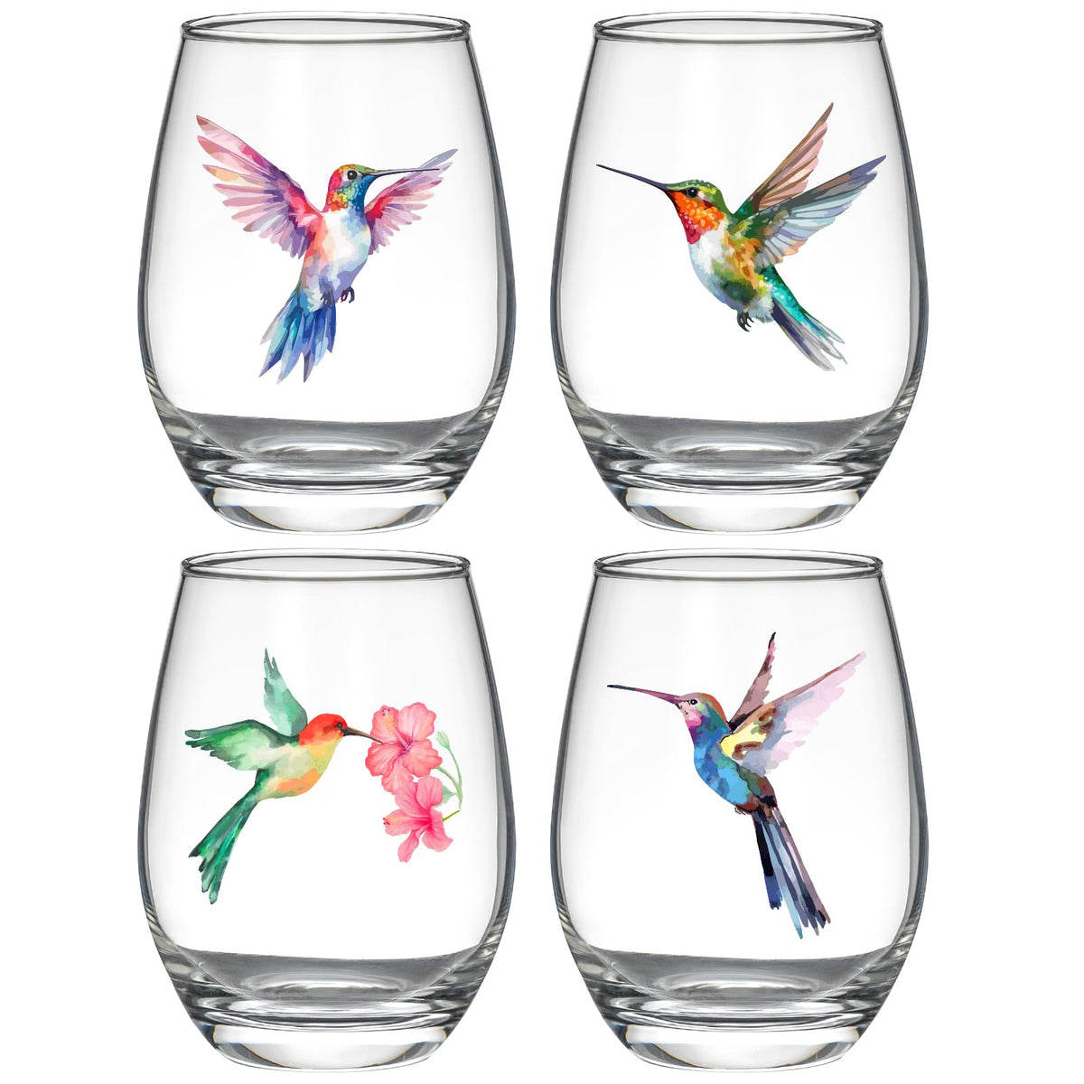 FACOYANS hummingbird stemless wine glasses set of 4 15oz front view for elegant entertaining