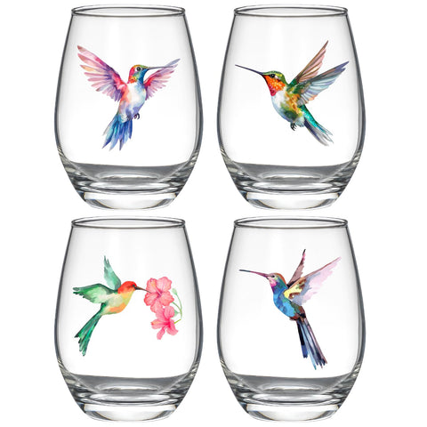 FACOYANS hummingbird stemless wine glasses set of 4 15oz front view for elegant entertaining