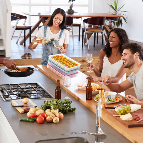FACULX portable egg platter on countertop for serving at gatherings.