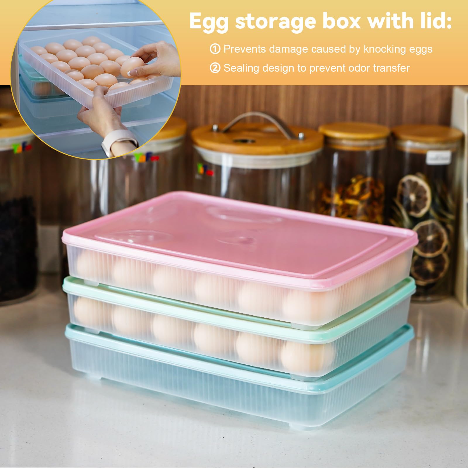 FACULX stackable egg platter in fridge setup, saving space and reducing clutter.