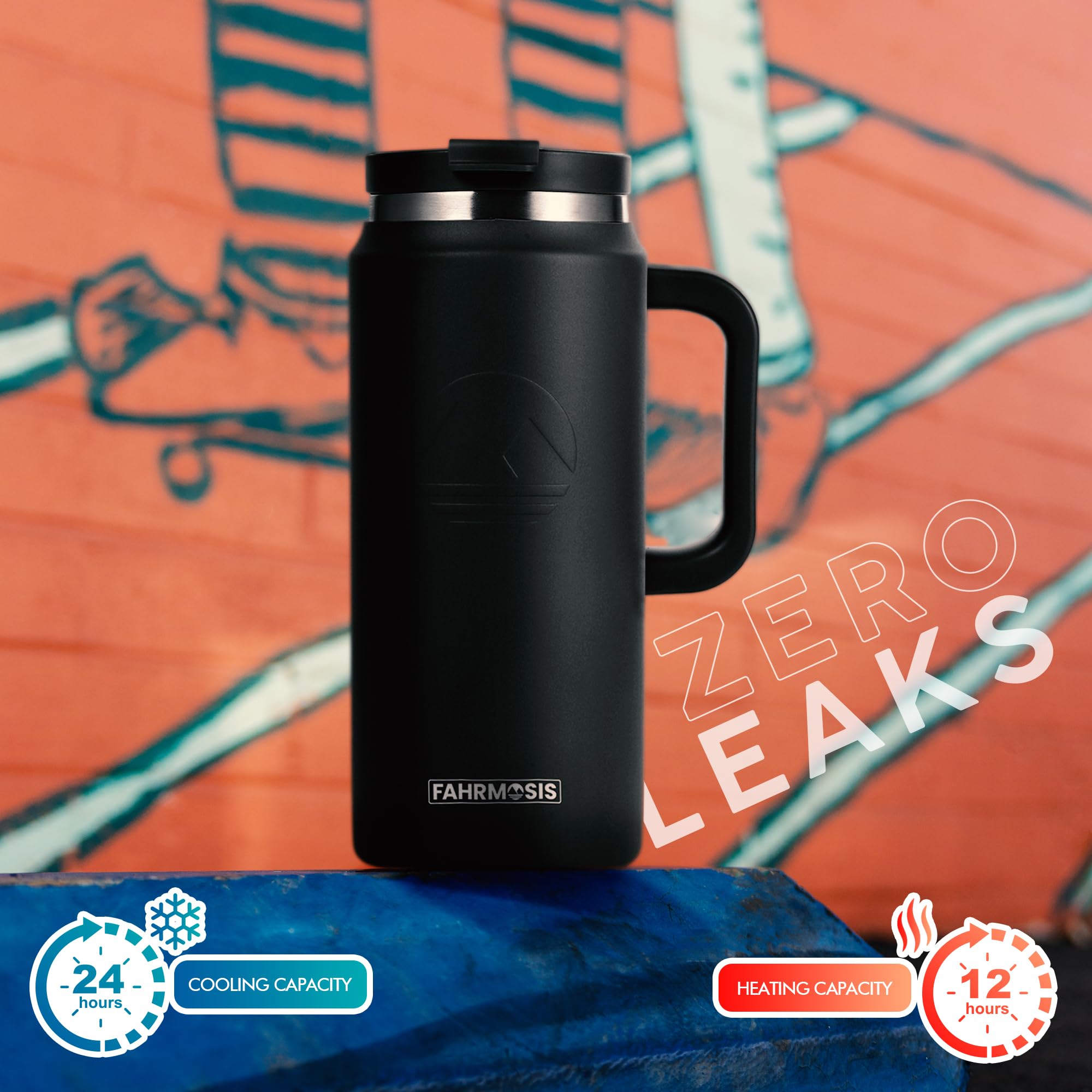 FAHRMOSIS 64 oz tumbler uses durable 18/8 stainless steel for daily use.