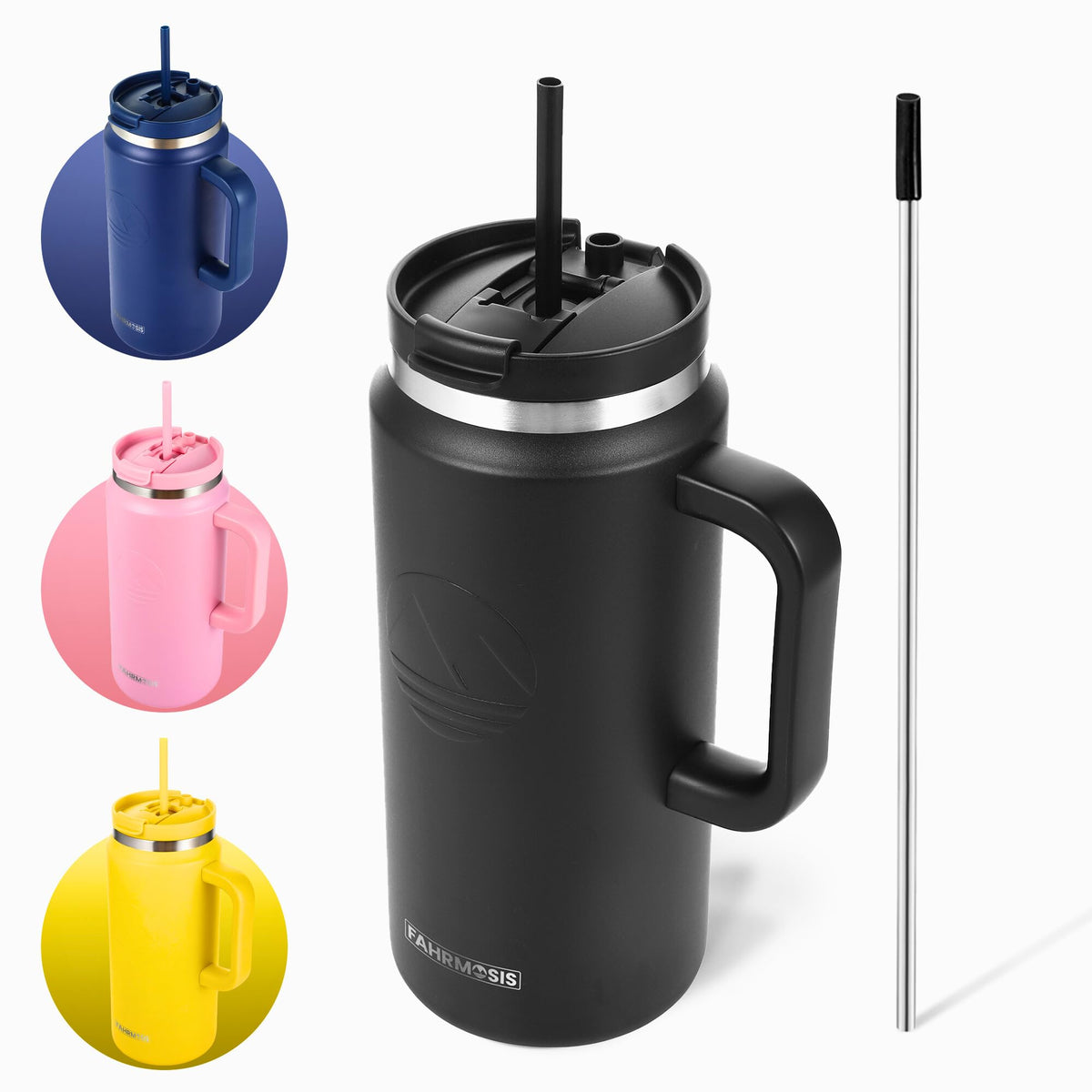 FAHRMOSIS 64 oz tumbler with handle and straw keeps beverages cold on the go for hours.