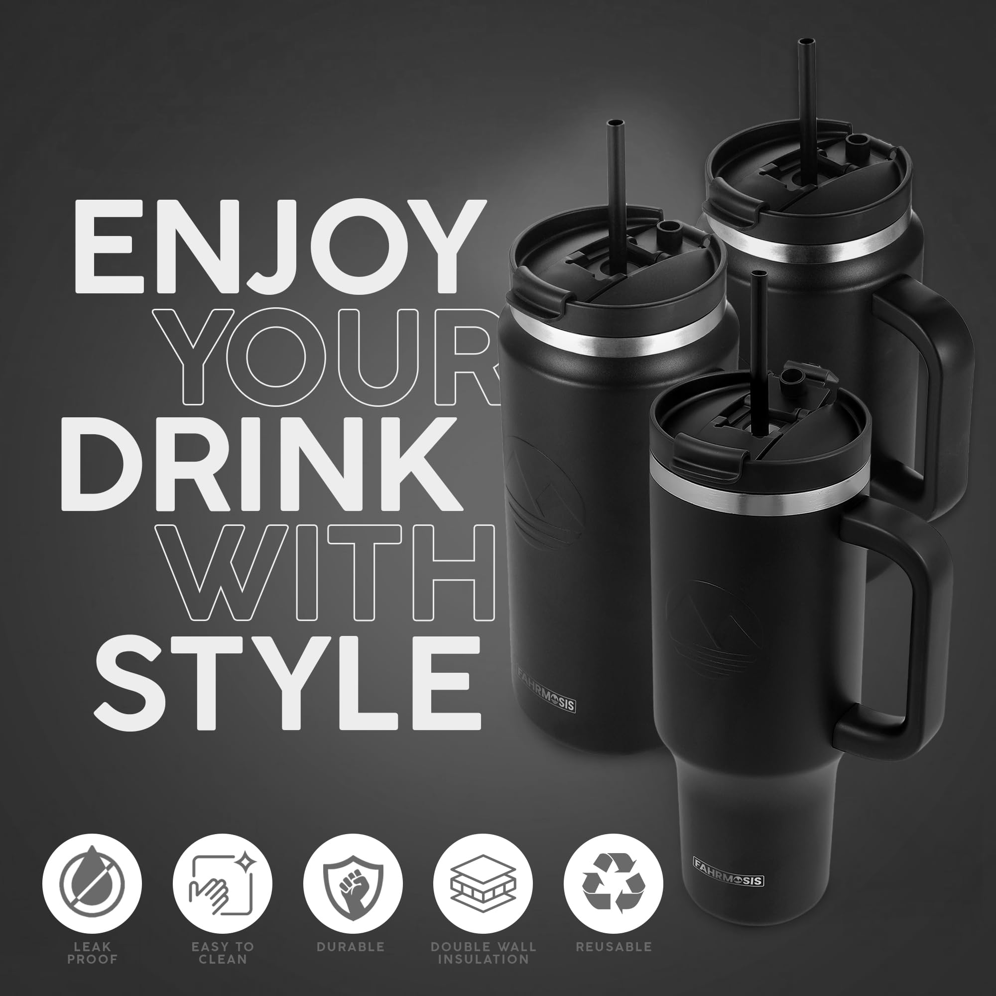 FAHRMOSIS 64 oz tumbler with sweat-proof base stays dry on surfaces.