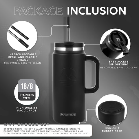 FAHRMOSIS 64 oz tumbler wide-mouth design simplifies filling and cleaning.