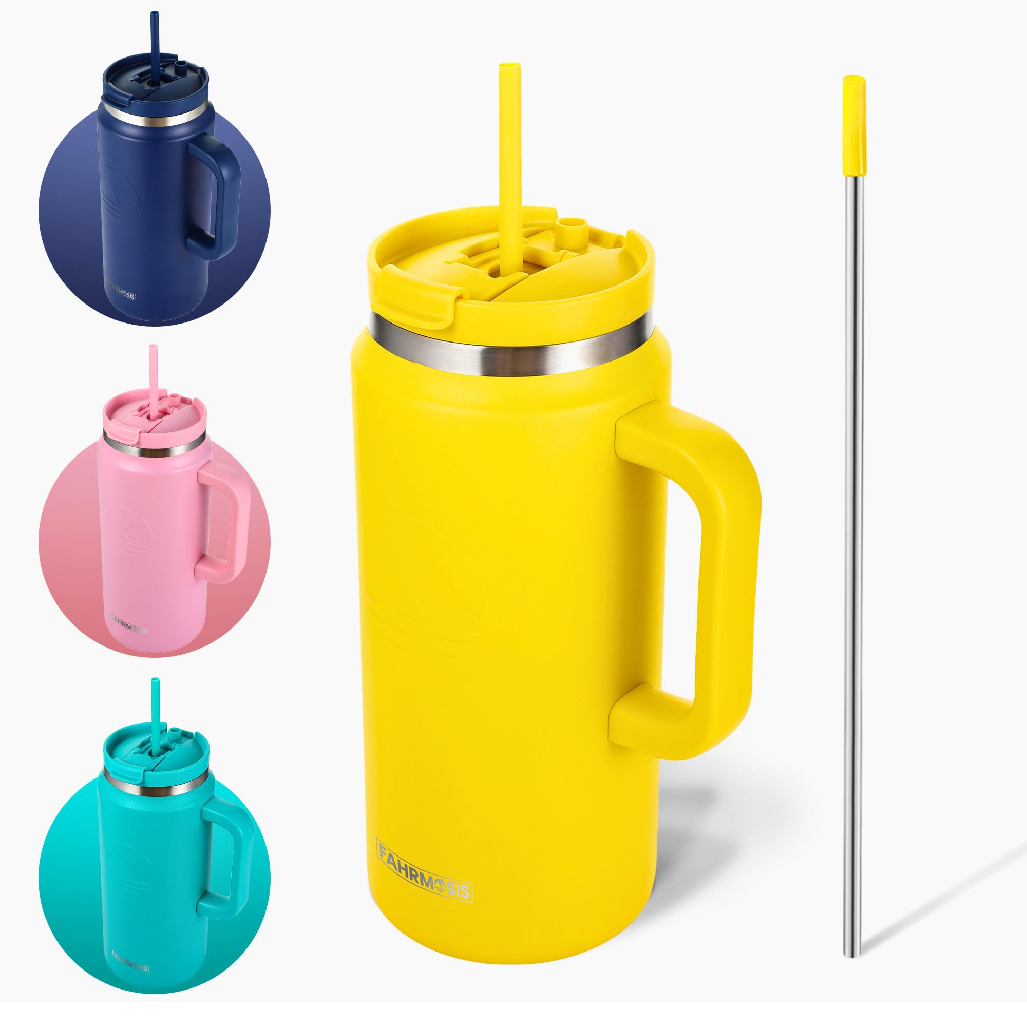 FAHRMOSIS 64oz tumbler with yellow handle in side view, ideal for on-the-go hydration.