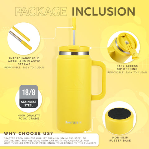 FAHRMOSIS yellow lid with straw assembly, convenient for sipping throughout the day.