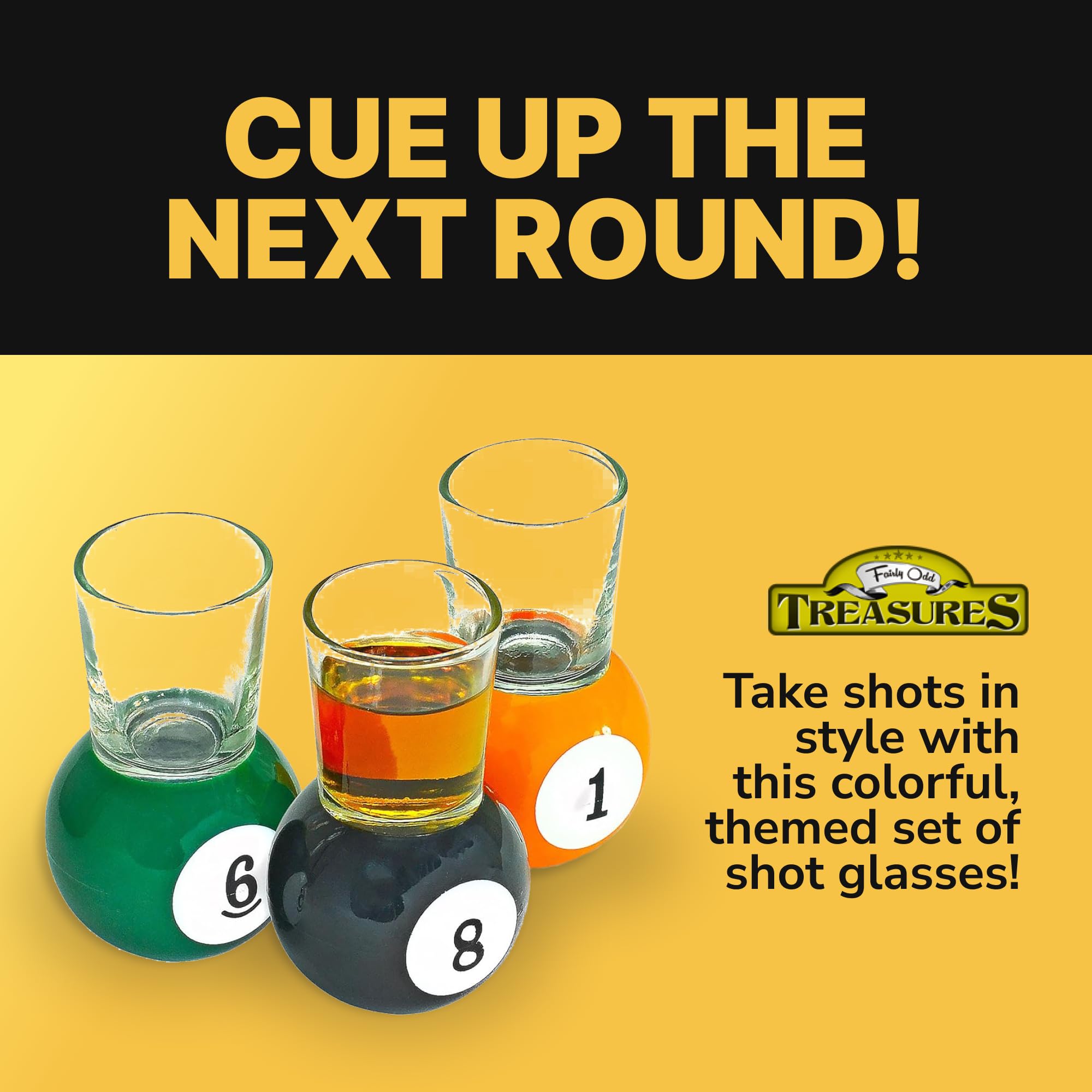 Bar-ready display of pool-ball shot glasses by Fairly Odd Novelties.