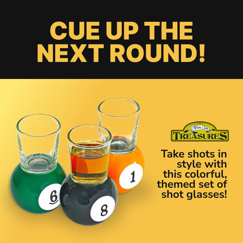Bar-ready display of pool-ball shot glasses by Fairly Odd Novelties.