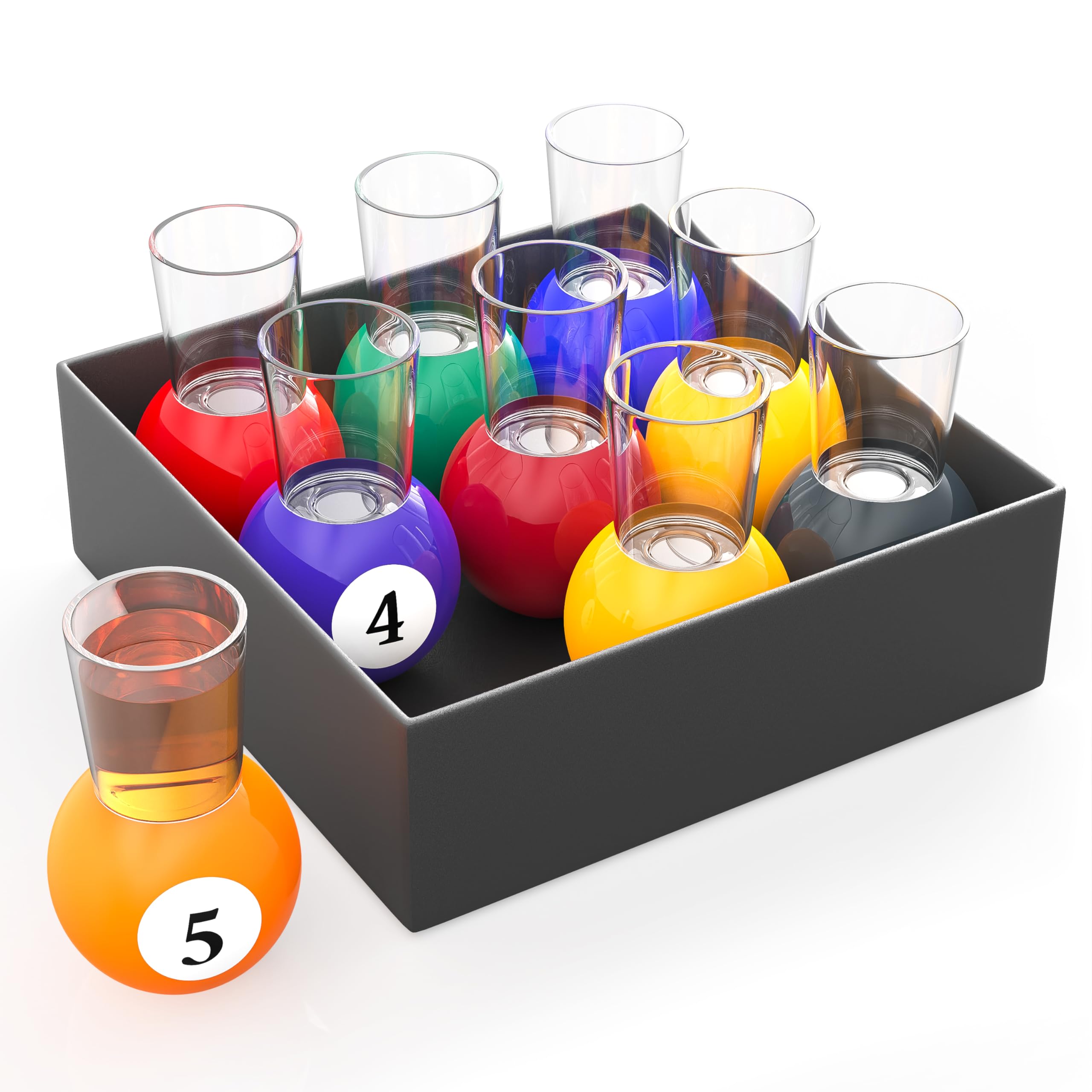 Fairly Odd Novelties billiards shot glasses on colorful pool-ball bases, perfect for pool nights.