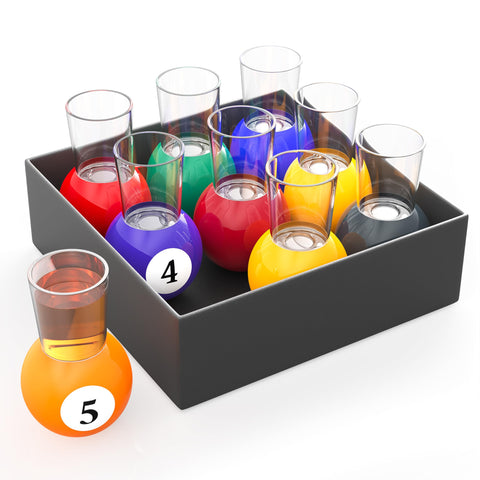 Fairly Odd Novelties billiards shot glasses on colorful pool-ball bases, perfect for pool nights.