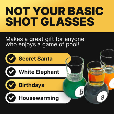 Gift-ready pool-ball shot glasses for sports fans by Fairly Odd Novelties.