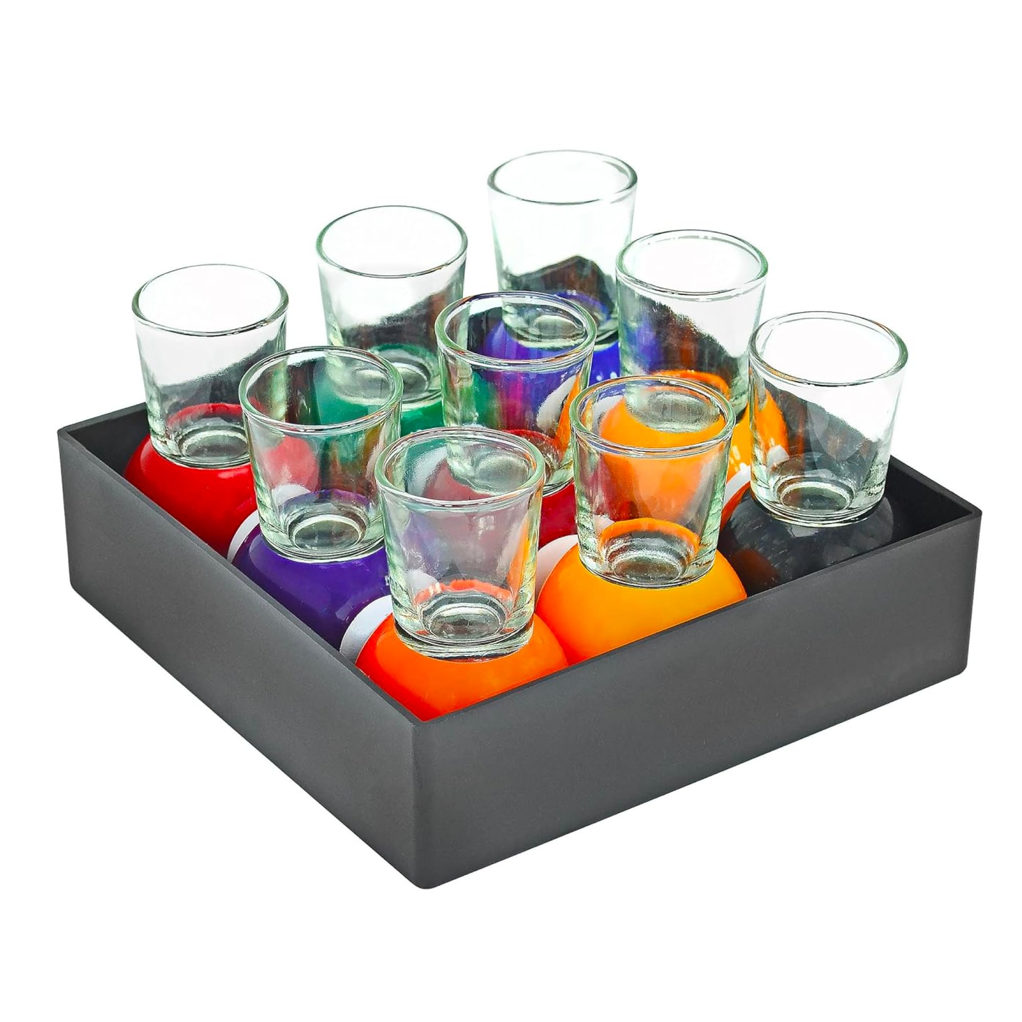 Removable shot glass from pool-ball base for easy cleaning, by Fairly Odd Novelties.