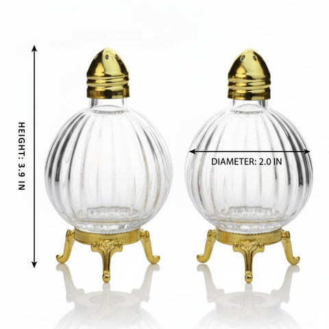 Fairturk globe salt shaker — side profile shows three-legged gold stand for stable service.