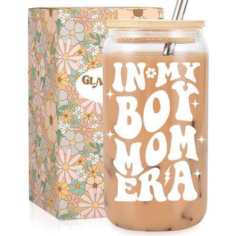 Fairy’s Gift Boy Mom Era 16 oz iced coffee cup with lid and straw for busy mornings.