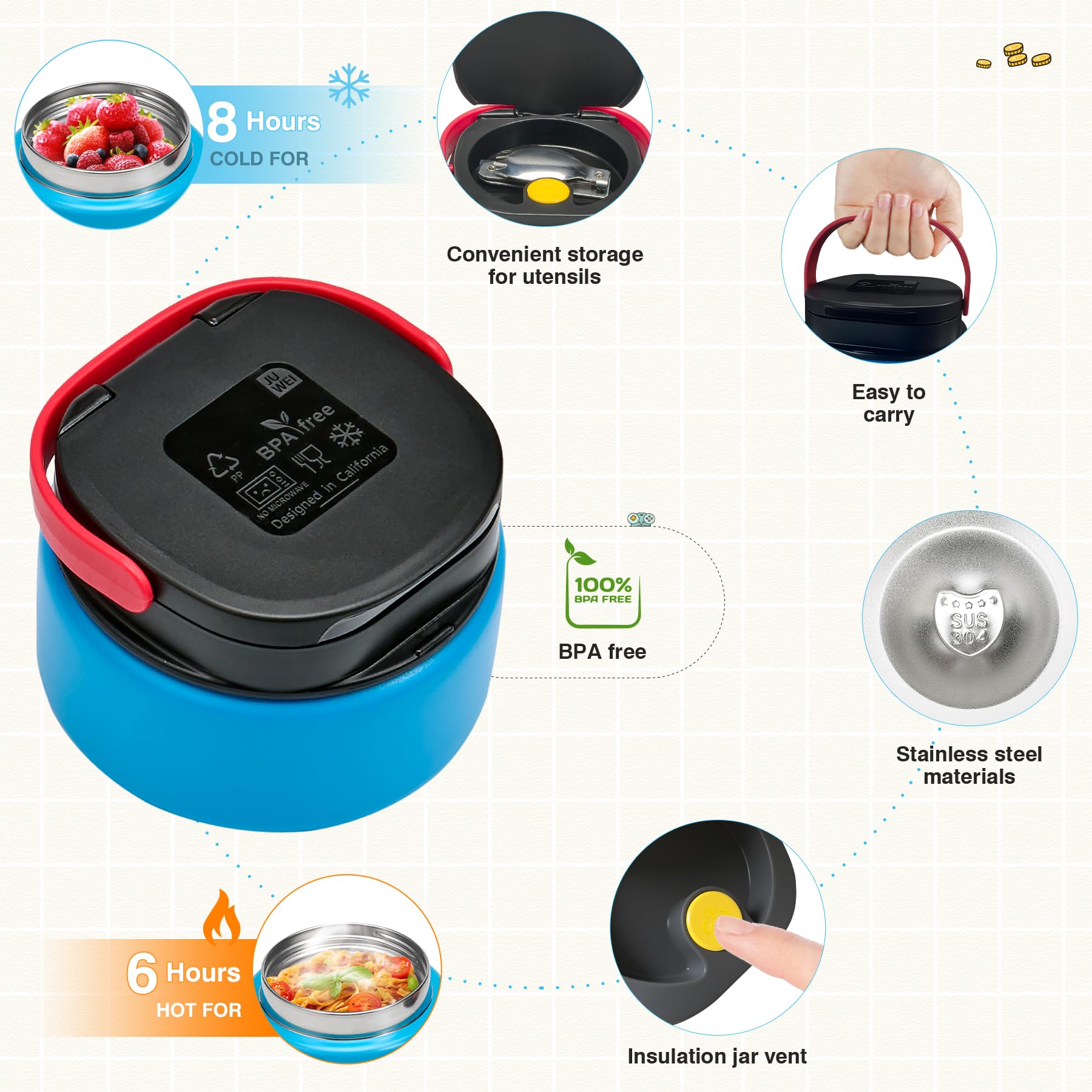 FAJSL 9oz insulated food jar keeps meals warm or cool.